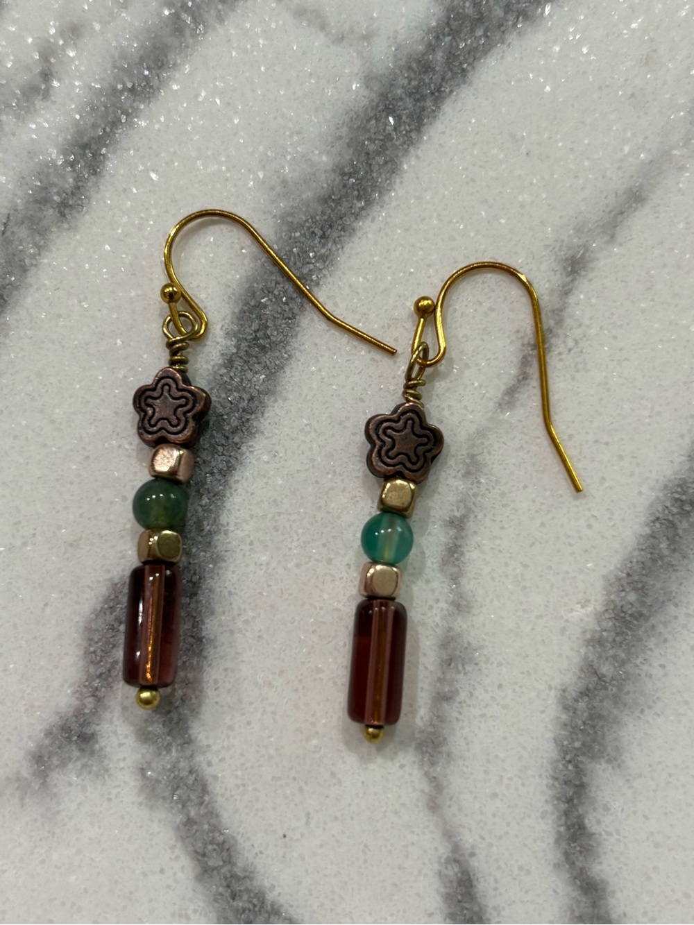Gold-Tone Beaded Dangle Earrings with Green and Brown Accents
